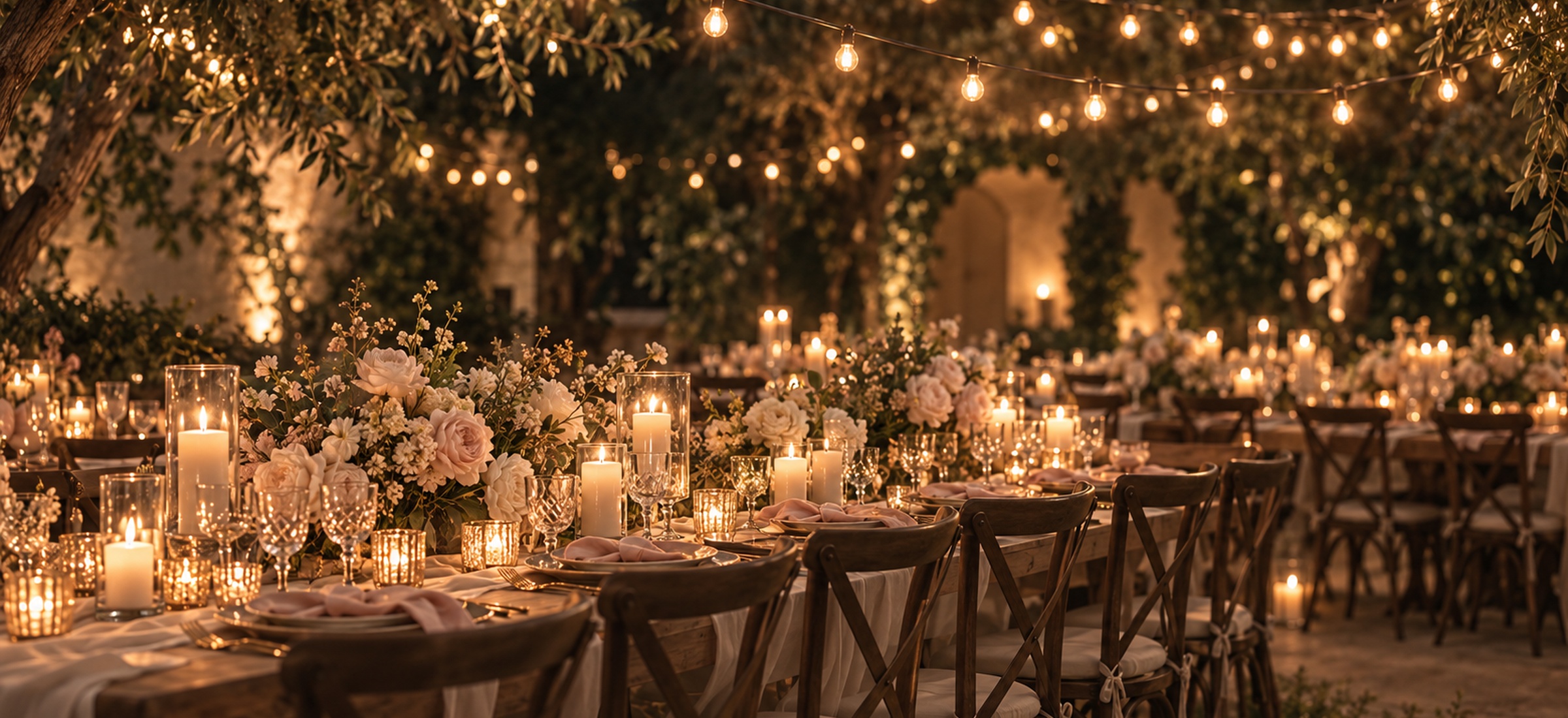 Recepción cálida con velas y luces colgantes