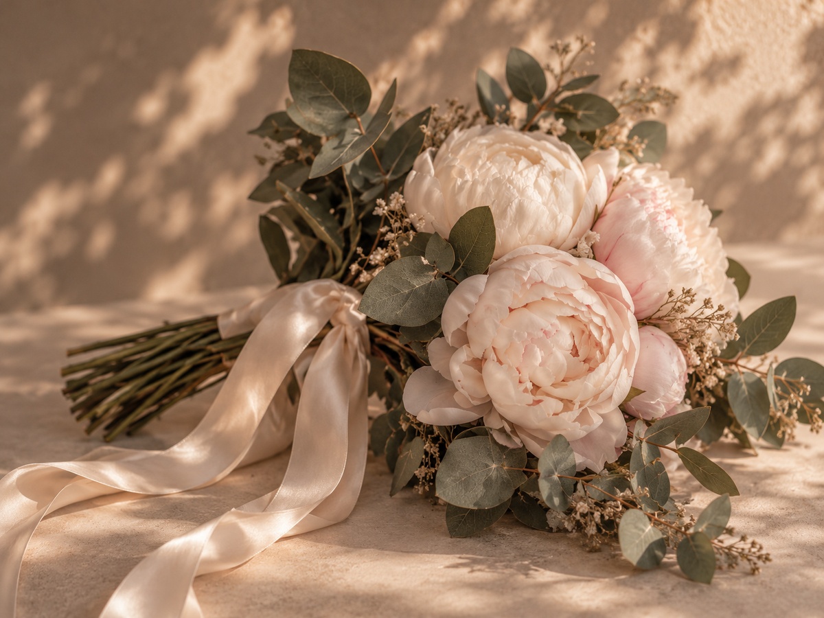 Bouquet en tonos blush con eucalipto