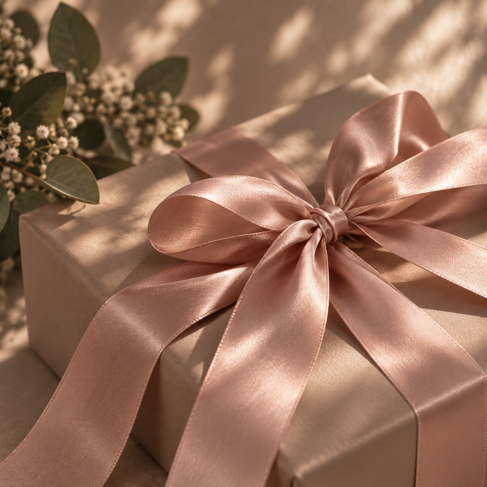 Caja de regalo con listón rosa blush
